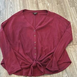 a.n.a Red V-neck 3/4 Sleeve Button Down Shirt with Tie Front